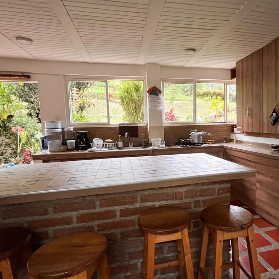 Cocina compartida con barra de ladrillo y mesón de baldosa, cuatro butacos de madera, gabinetes de madera, nevera y ventanas que dan al jardín.