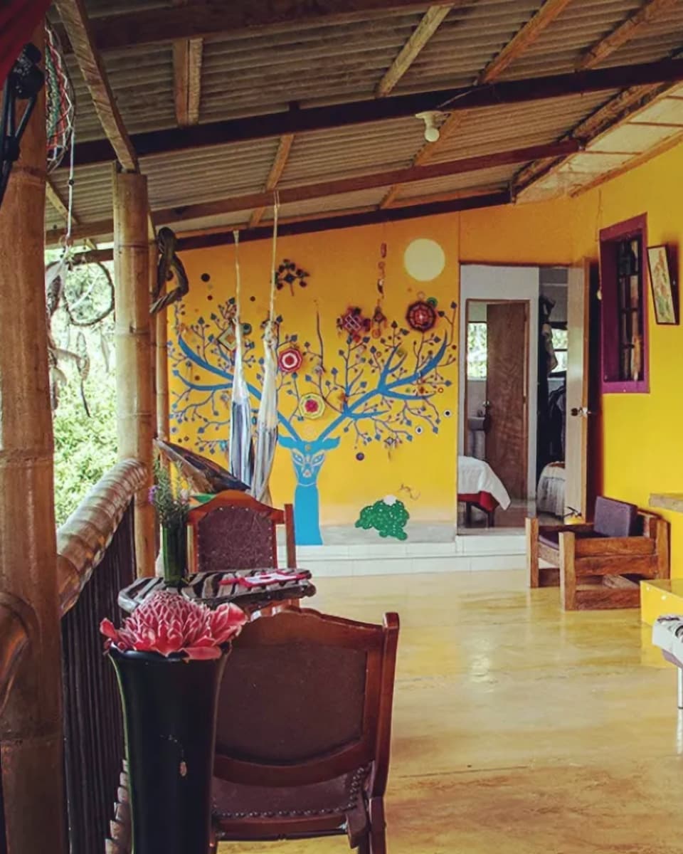 Corredor-sala de paredes amarillas con un mural de un venado cuyas astas son las ramas de un árbol azul, ventanas moradas, biblioteca, sofás de cuadros y hamacas.