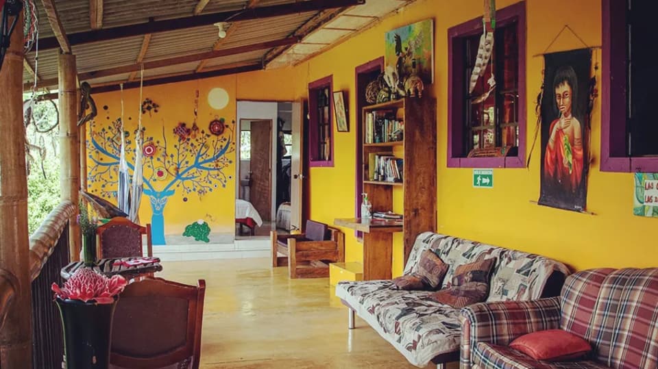 Corredor-sala de paredes amarillas con un mural de un venado cuyas astas son las ramas de un árbol azul, ventanas moradas, biblioteca, sofás de cuadros y hamacas.